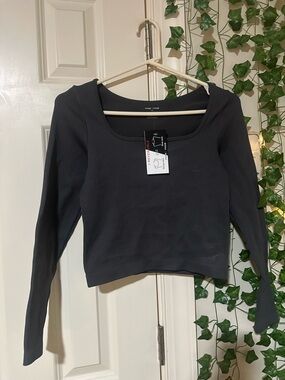 Moa Moa Charcoal Ribbed Square-Neck Long Sleeve Top